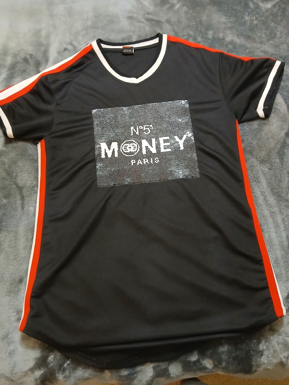 Source Unknown Black Tee with Red and White Trim and Sequin MONEY Patch